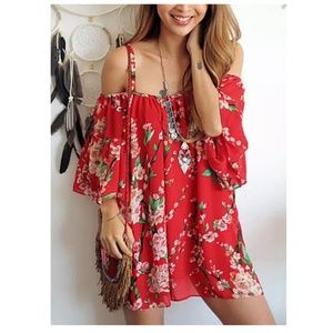 Cold shoulder chiffon floral mini dress